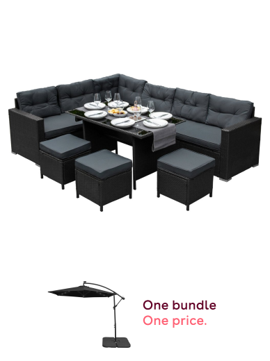 Grey 9-Seater Rattan Corner Dining Set with Table, Stools & Cushions, Waterproof Cover, & 3m Cantilever Parasol Bundle