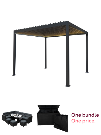 3m x 3m Grey Metal Pergola with LED Lights & Adjustable Canopy Roof, 9-Seater Black Rattan Corner Dining Set with Stools & Glass Table, & 582L Black Rattan Garden Storage Box Bundle