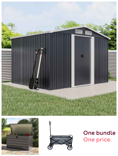 8.46 x 6.79FT Large Anthracite Metal Garden Tool Shed + 350L Lockable Storage Box + Foldable Garden Cart Bundle