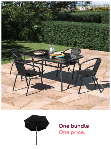 5pcs Garden Table & Rattan Chairs Outdoor Set + Black LED Tilt Parasol 2.7m