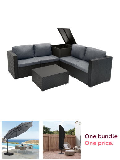 Rattan Modular 6-Piece Garden Furniture Set Black + 3M Banana Cantilever Patio Parasol with Wheeled Fillable Base + Waterproof Parasol Cover Bundle
