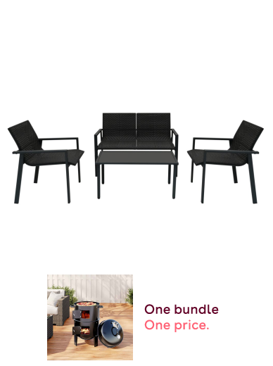 Rattan Patio Furniture Set Black + 3-In-1 Portable Outdoor Charcoal BBQ Grill Smoker Bundle