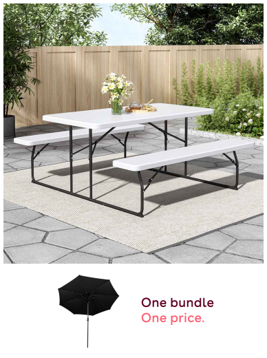 White Foldable Picnic Table and Bench Set + Black LED Tilt Parasol 2.7m