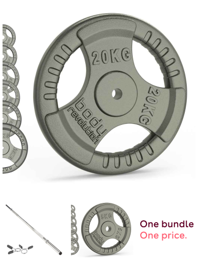 Body Revolution 1” Straight Barbell Set – 1.2m Bar with Spring Collars, 20kg & 5kg Cast Iron Tri-Grip Weight Plates Weight Training Bundle