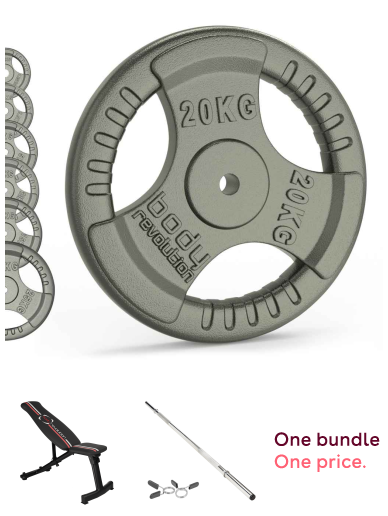Body Revolution Adjustable Weight Bench & 20kg Cast Iron Weight Set with 1" Barbell , Heavy Duty Gym Bundle