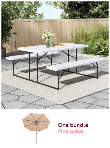 White Foldable Picnic Table and Bench Set + Beige LED Tilt Parasol 2.7m