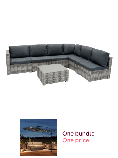 Grey Rattan 7 Piece Modular Garden Furniture Set + 32 LED Patio Umbrella Bundle