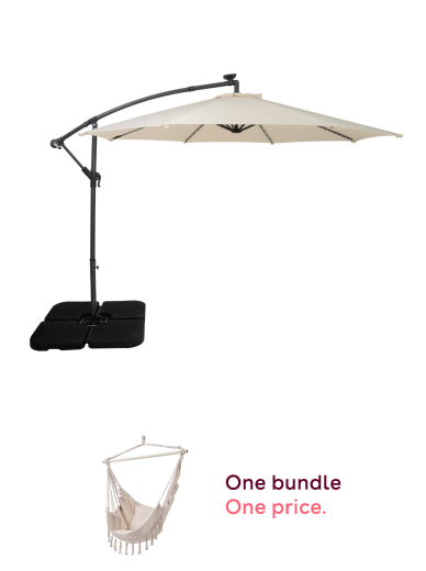 3m Cream LED Cantilever Parasol with Square Base + Garden Hanging Canvas Hammock Swing Chair Bundle