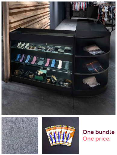 Retail Bundle: Black Astro LED Shop Counter, 40 Platinum Grey Heavy Duty Carpet Tiles (10m²), & 5 Counterfeit Money Detector Pens
