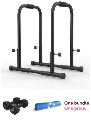 Parallettes Push Up Bars, 2 x 5KG Neoprene Dumbbells & Blue Yoga Mat Home Gym Bundle